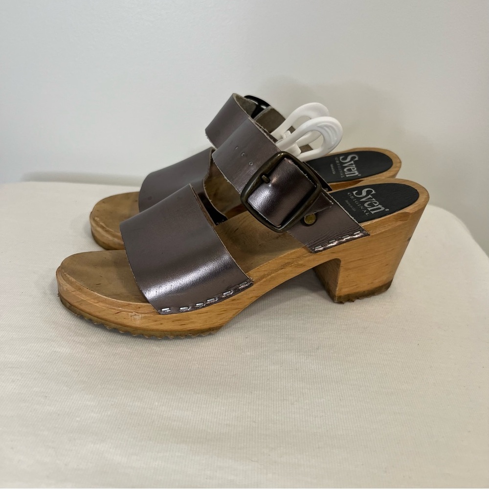 Sven 2 Strap Buckle Wood Swedish Wooden Sandals Pewter 37